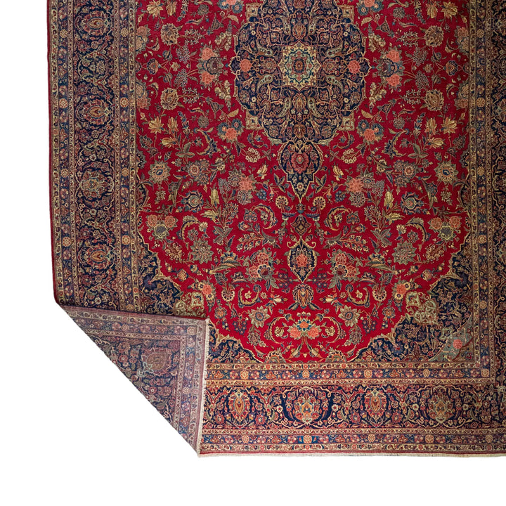 12' 2" x 18' 10" - RED AND BLUE KASHAN FLORAL PERSIAN RUG ( 371 x 574 CM )