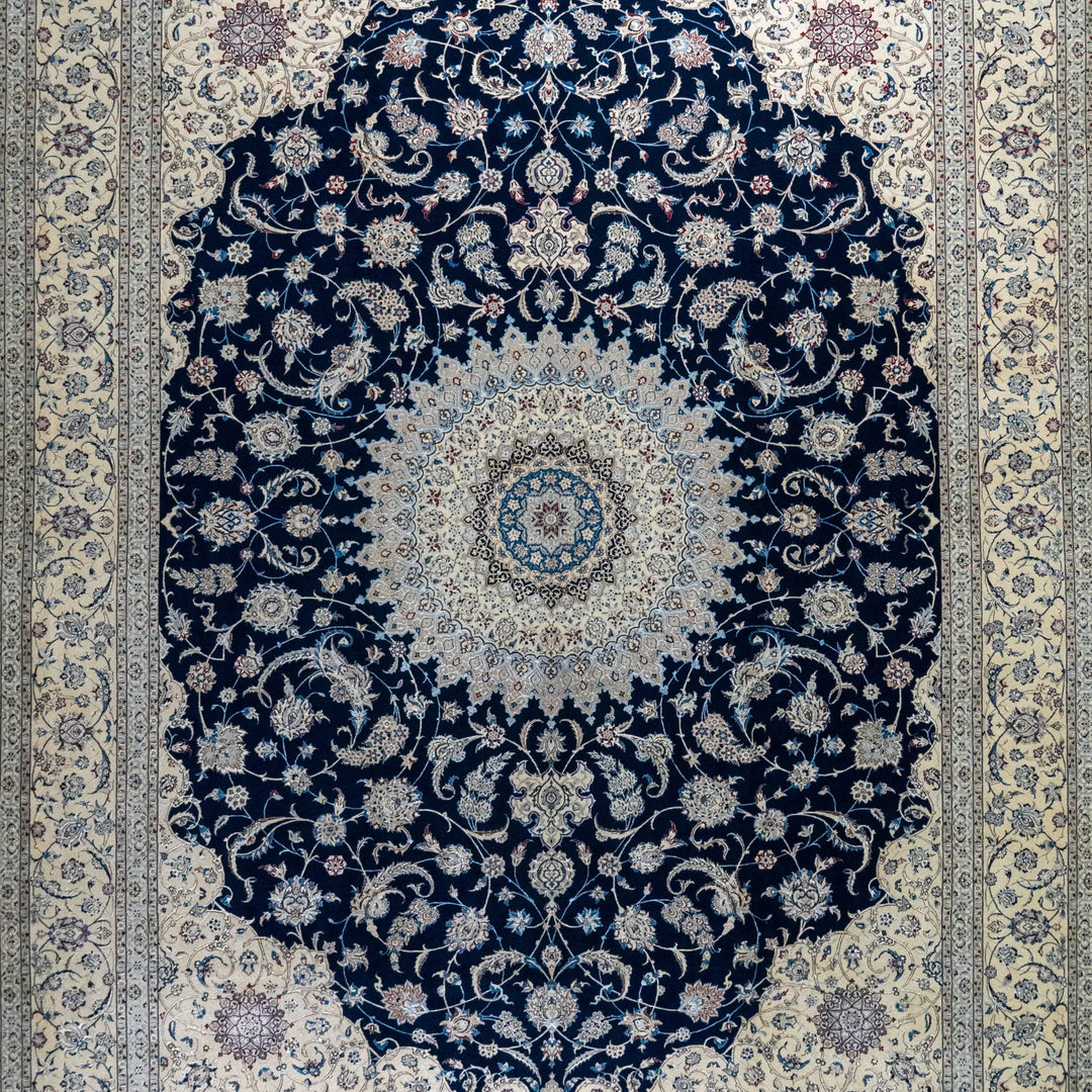 10' 2" x 13' 7" - NAVY AND BEIGE NAEIN FLORAL PERSIAN RUG ( 310 x 414 CM )