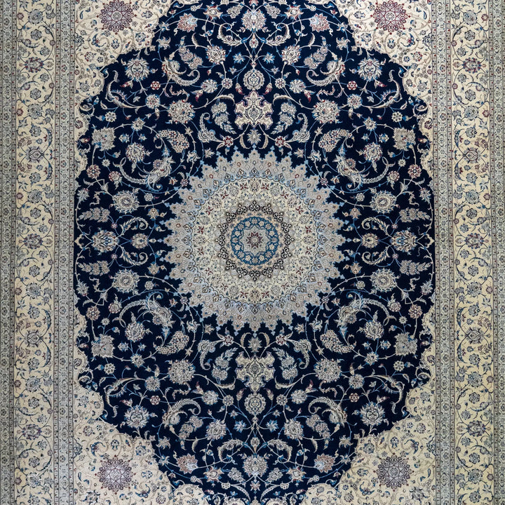 10' 2" x 13' 7" - NAVY AND BEIGE NAEIN FLORAL PERSIAN RUG ( 310 x 414 CM )