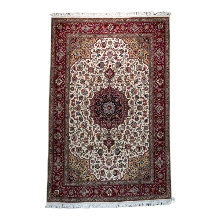 6' 7" x 10' 0" - BEIGE AND RED TABRIZ FLORAL PERSIAN RUG ( 200 x 305 CM )