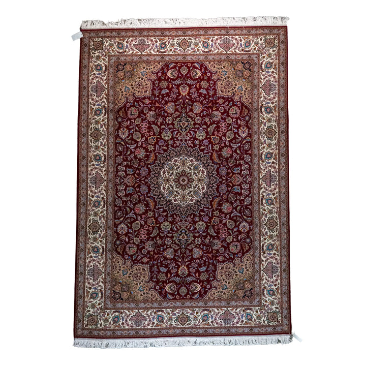 6' 8" x 9' 8" - RED AND BEIGE TABRIZ FLORAL PERSIAN RUG ( 203 x 294 CM )