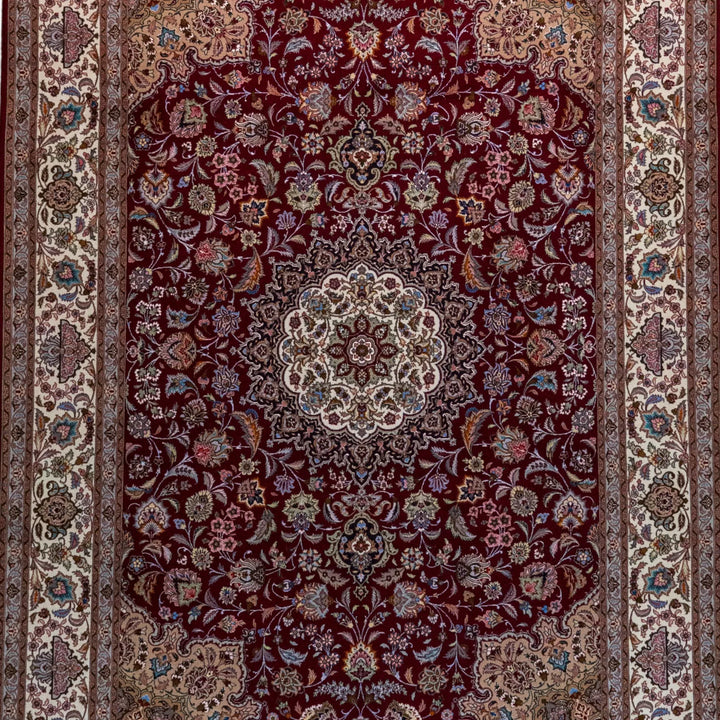 6' 8" x 9' 8" - RED AND BEIGE TABRIZ FLORAL PERSIAN RUG ( 203 x 294 CM )