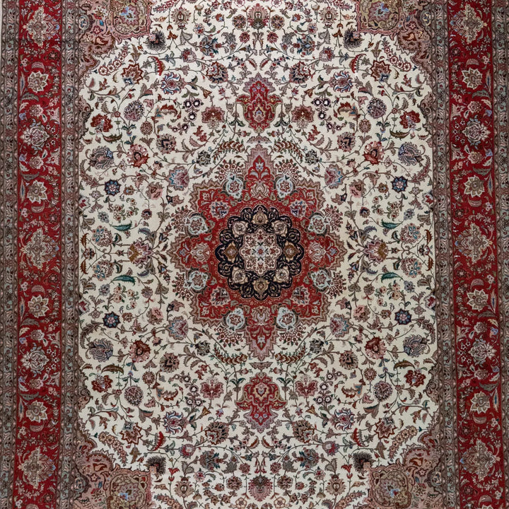 7' 11" x 11' 6" - BEIGE AND RED TABRIZ FLORAL PERSIAN RUG ( 241 x 350 CM )