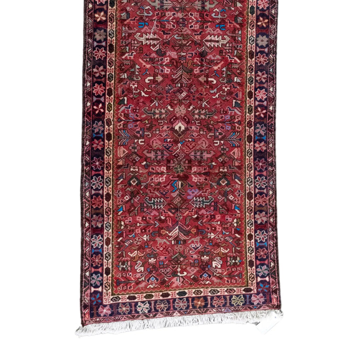2' 11" x 8' 10" - RED AND NAVY KARAJEH GEOMETRIC PERSIAN RUG ( 89 x 269 CM )
