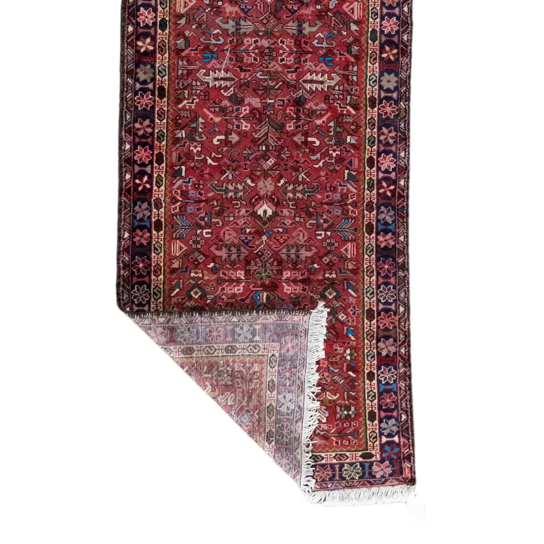 2' 11" x 8' 10" - RED AND NAVY KARAJEH GEOMETRIC PERSIAN RUG ( 89 x 269 CM )