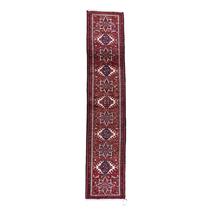 2' 7" x 12' 10" - RED AND NAVY KARAJEH GEOMETRIC PERSIAN RUG ( 79 x 391 CM )