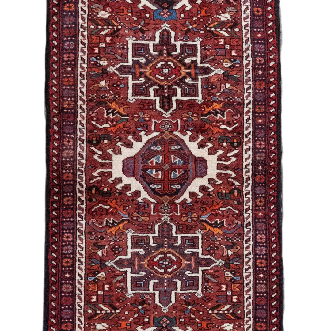 2' 7" x 12' 10" - RED AND NAVY KARAJEH GEOMETRIC PERSIAN RUG ( 79 x 391 CM )