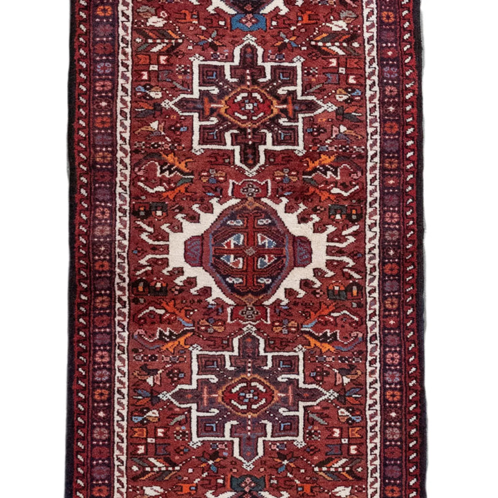 2' 7" x 12' 10" - RED AND NAVY KARAJEH GEOMETRIC PERSIAN RUG ( 79 x 391 CM )