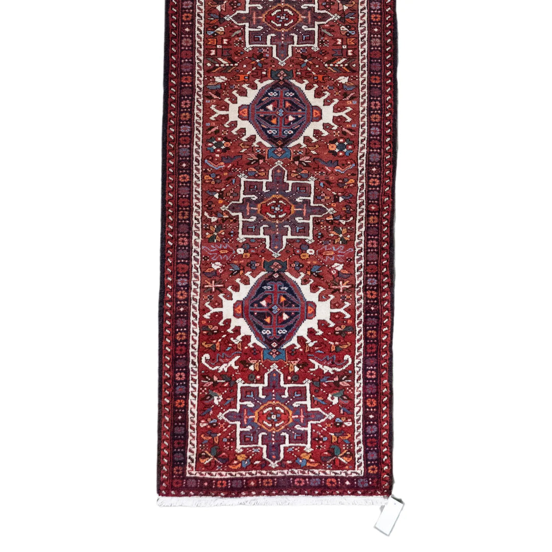 2' 7" x 12' 10" - RED AND NAVY KARAJEH GEOMETRIC PERSIAN RUG ( 79 x 391 CM )