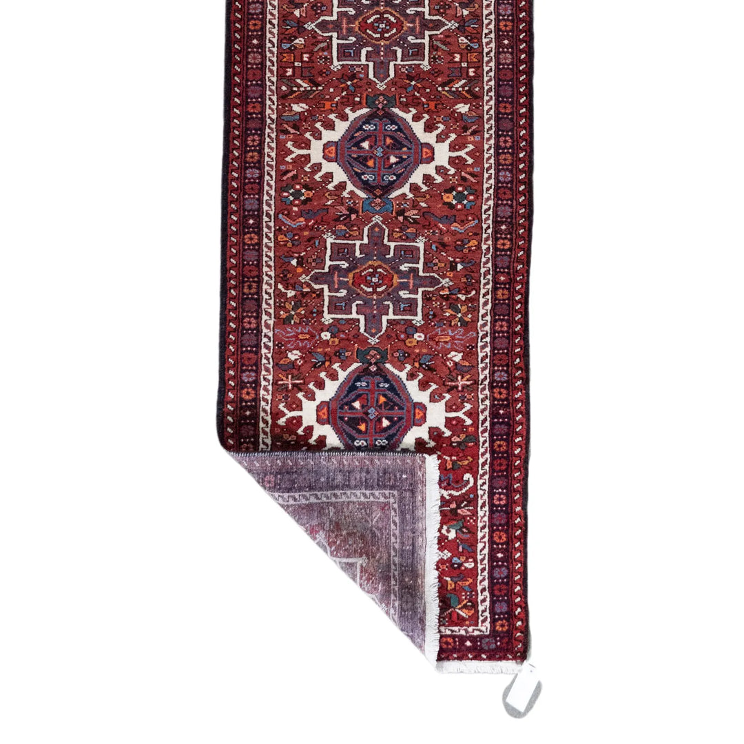 2' 7" x 12' 10" - RED AND NAVY KARAJEH GEOMETRIC PERSIAN RUG ( 79 x 391 CM )