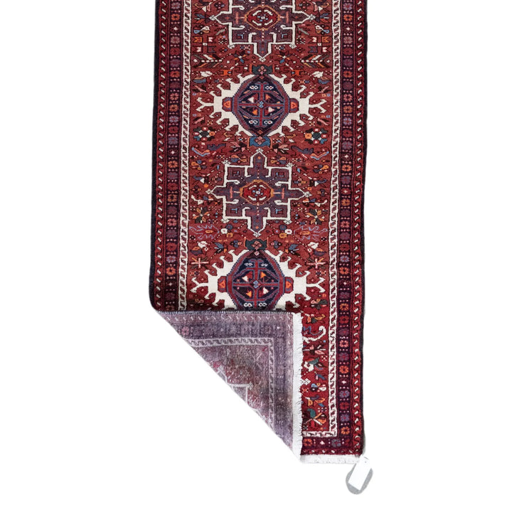2' 7" x 12' 10" - RED AND NAVY KARAJEH GEOMETRIC PERSIAN RUG ( 79 x 391 CM )