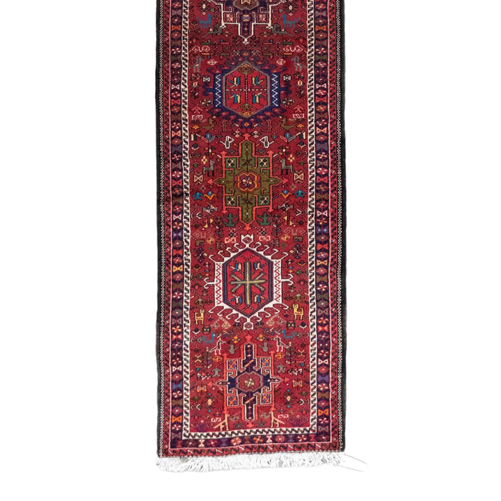 2' 6" x 13' 9" - RED AND NAVY KARAJEH GEOMETRIC PERSIAN RUG ( 76 x 419 CM )