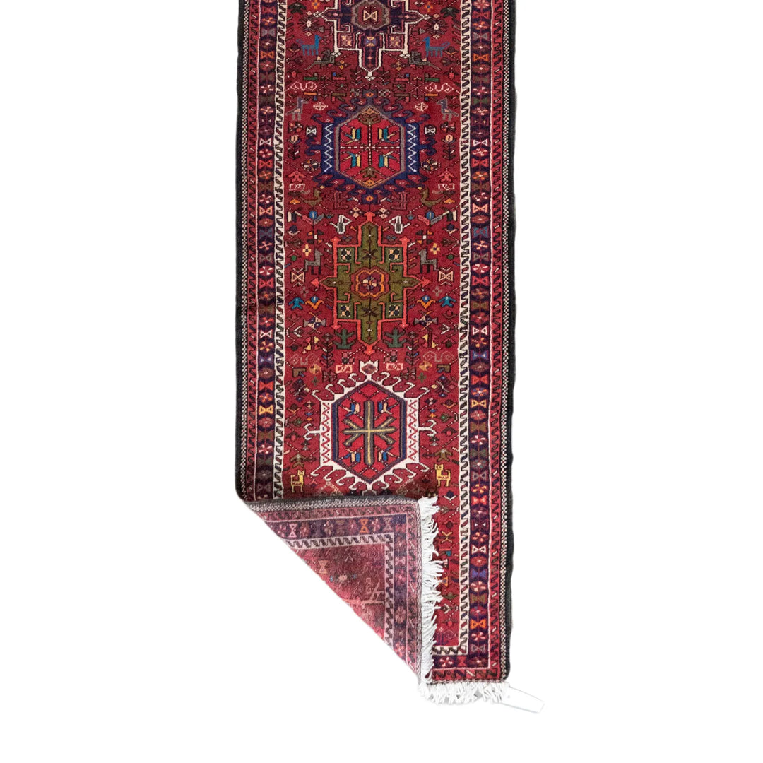 2' 6" x 13' 9" - RED AND NAVY KARAJEH GEOMETRIC PERSIAN RUG ( 76 x 419 CM )