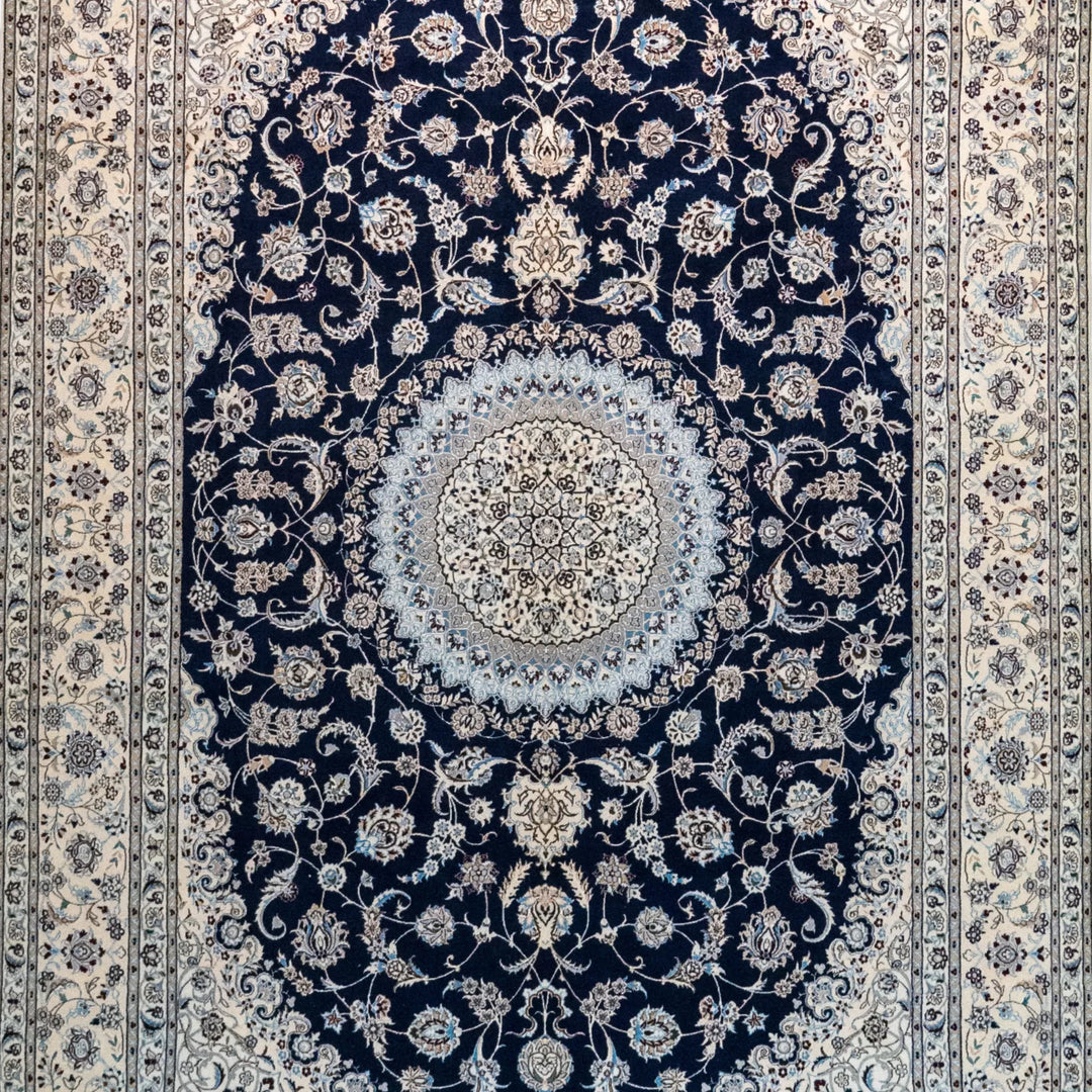 6' 9" x 10' 3" - NAVY AND BEIGE NAEIN FLORAL PERSIAN RUG ( 206 x 312 CM )
