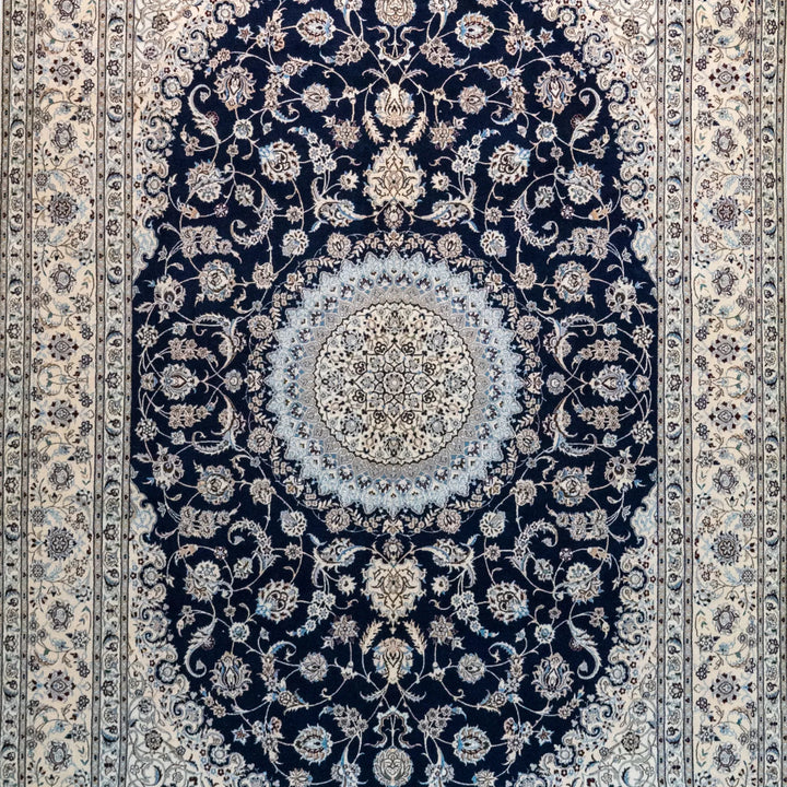 6' 9" x 10' 3" - NAVY AND BEIGE NAEIN FLORAL PERSIAN RUG ( 206 x 312 CM )