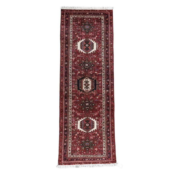3' 5" x 9' 2" - RED AND RED KARAJEH GEOMETRIC PERSIAN RUG ( 104 x 279 CM )