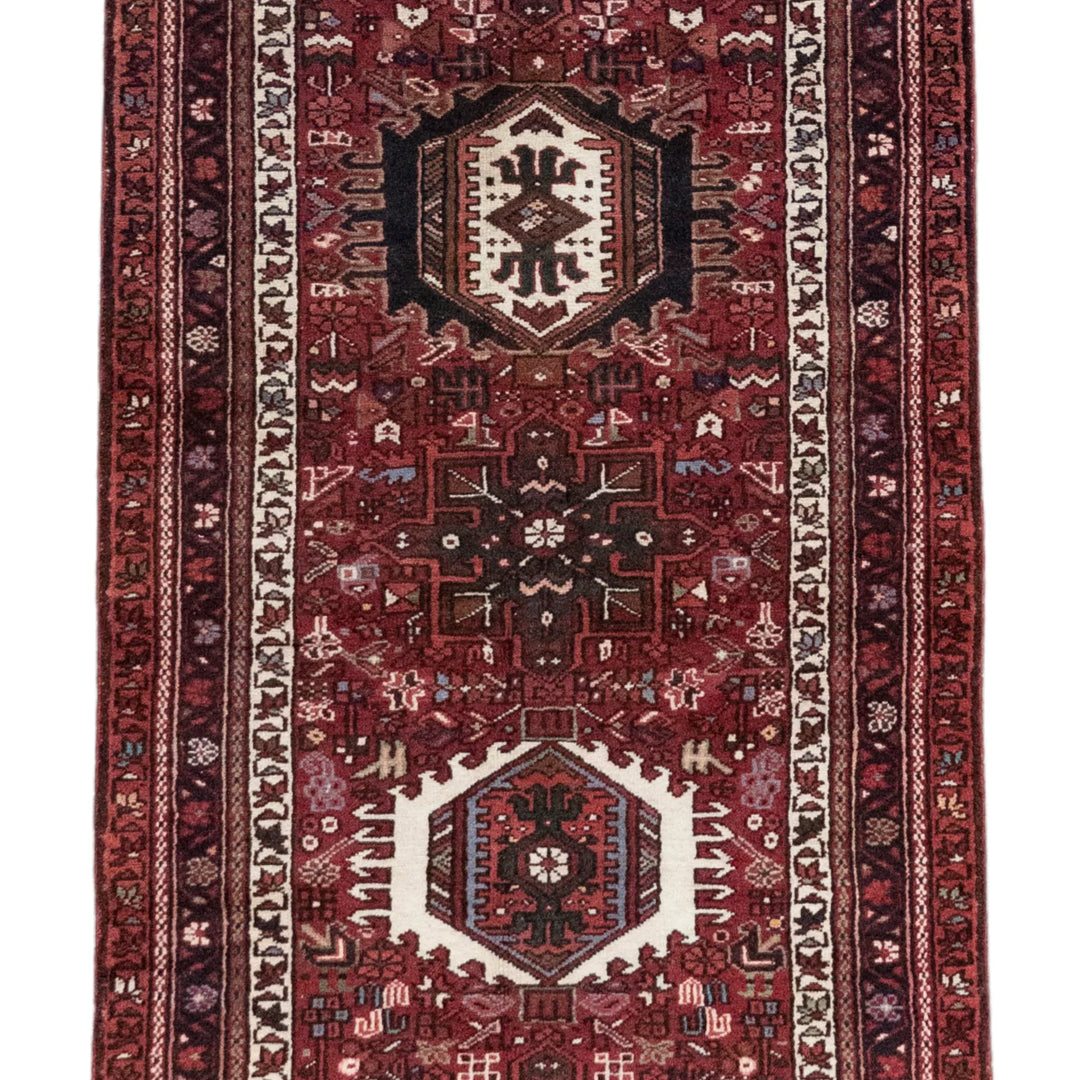 3' 5" x 9' 2" - RED AND RED KARAJEH GEOMETRIC PERSIAN RUG ( 104 x 279 CM )
