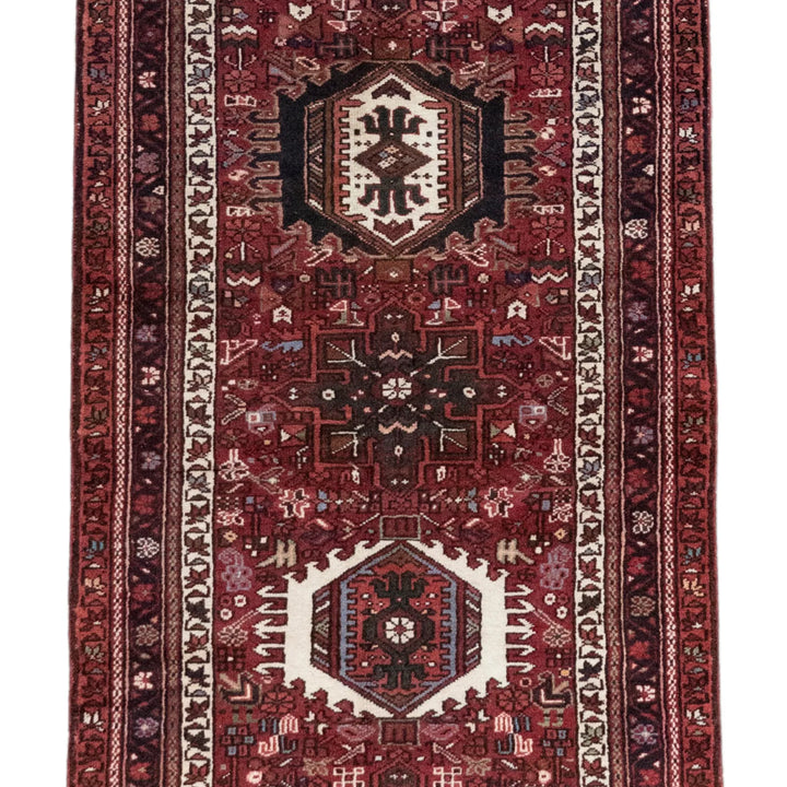 3' 5" x 9' 2" - RED AND RED KARAJEH GEOMETRIC PERSIAN RUG ( 104 x 279 CM )
