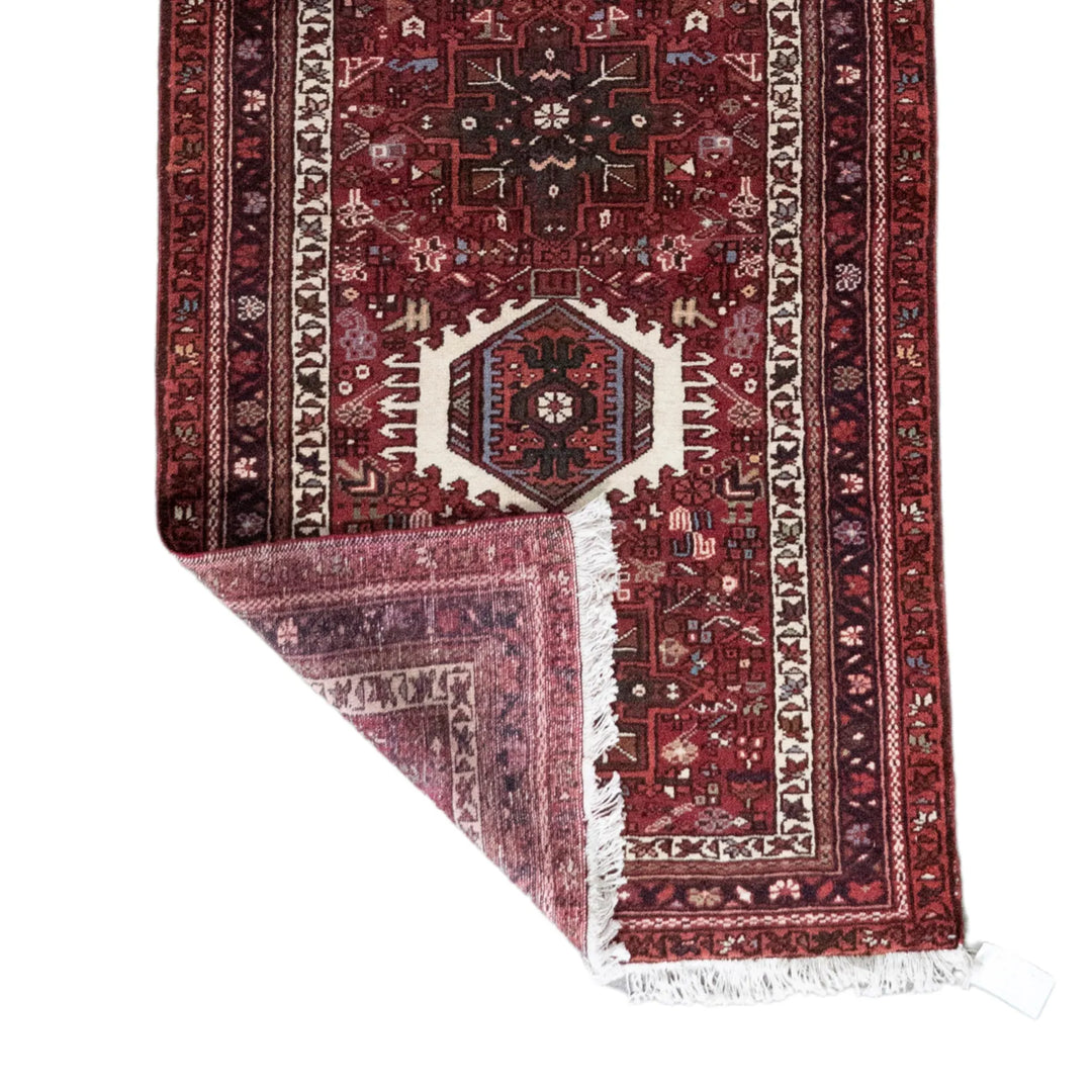 3' 5" x 9' 2" - RED AND RED KARAJEH GEOMETRIC PERSIAN RUG ( 104 x 279 CM )