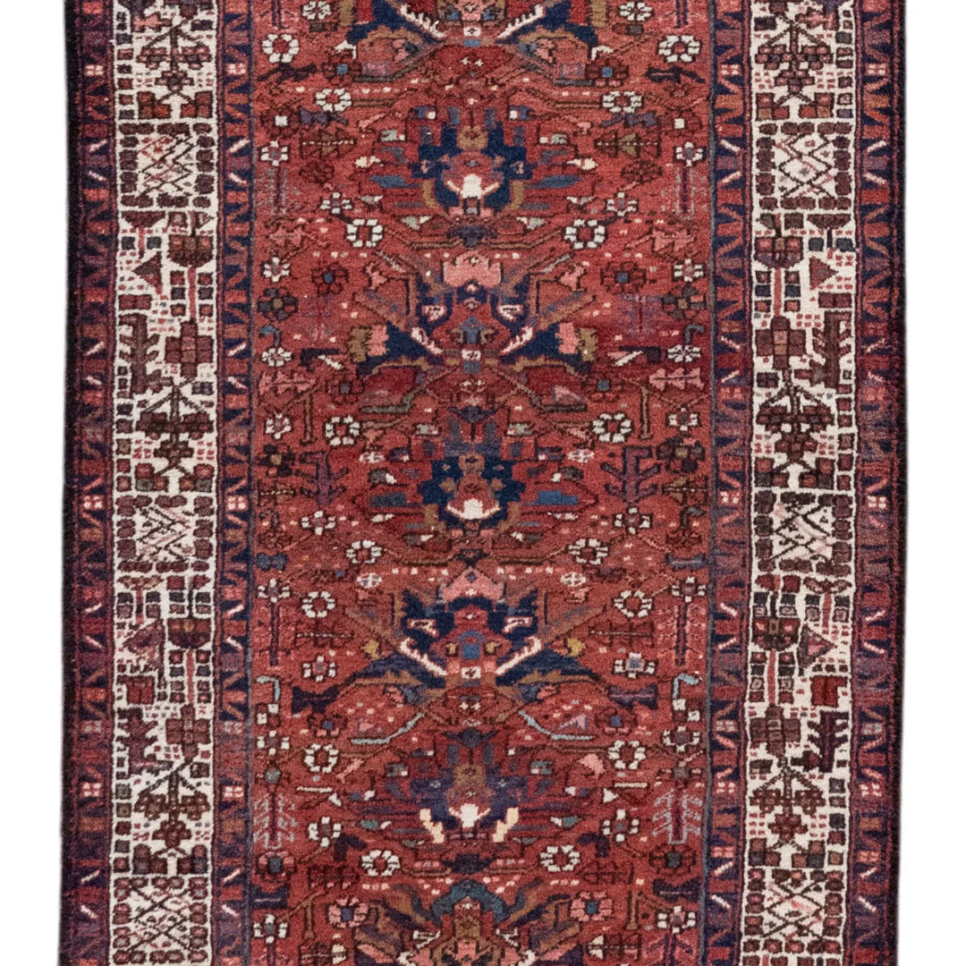 3' 3" x 10' 7" - RED AND BLUE KARAJEH GEOMETRIC PERSIAN RUG ( 99 x 322 CM )