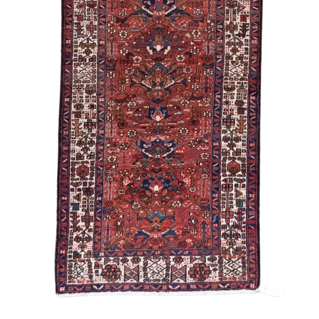 3' 3" x 10' 7" - RED AND BLUE KARAJEH GEOMETRIC PERSIAN RUG ( 99 x 322 CM )