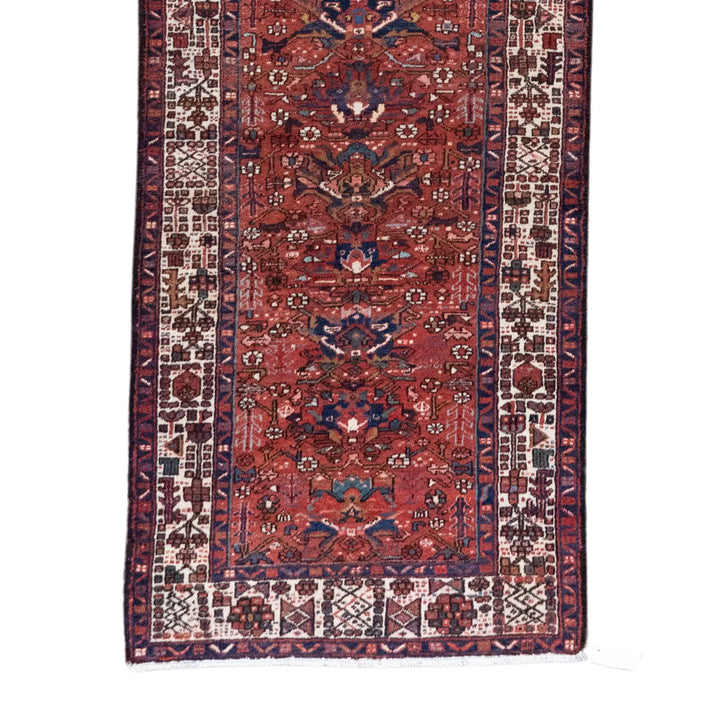 3' 3" x 10' 7" - RED AND BLUE KARAJEH GEOMETRIC PERSIAN RUG ( 99 x 322 CM )