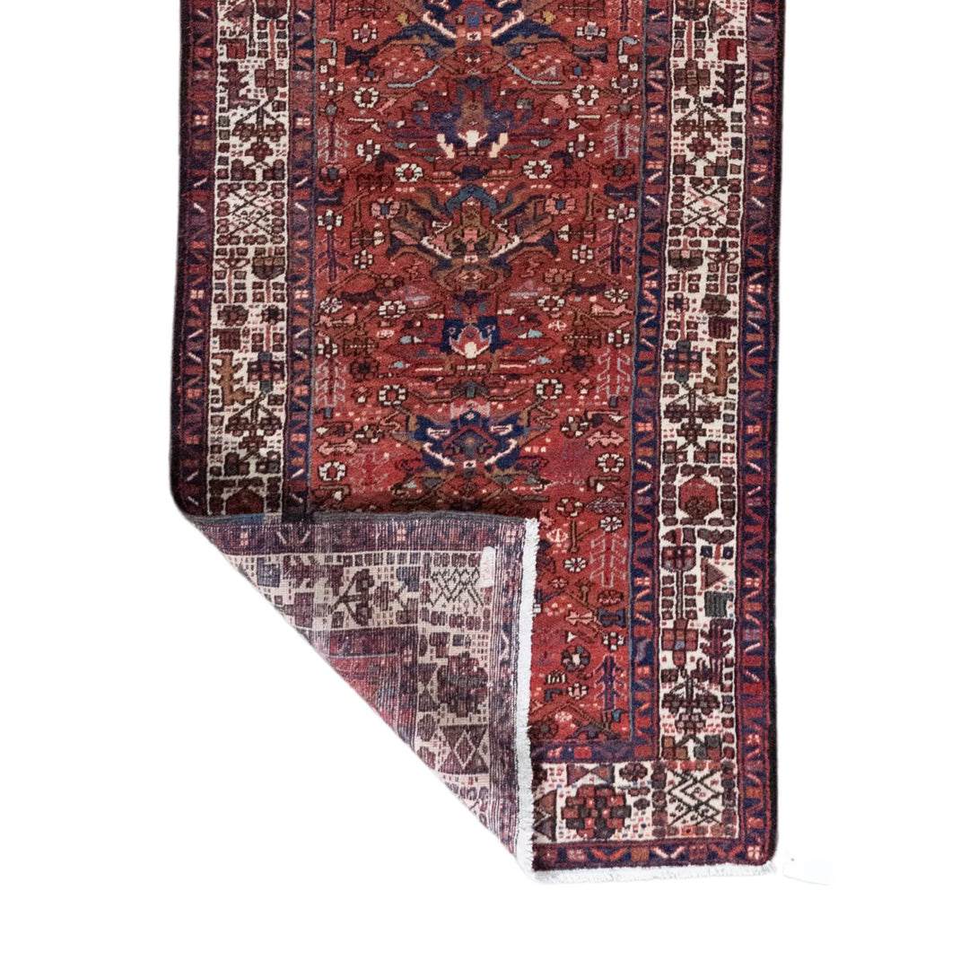 3' 3" x 10' 7" - RED AND BLUE KARAJEH GEOMETRIC PERSIAN RUG ( 99 x 322 CM )