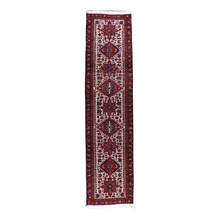 3' 0" x 12' 2" - RED AND BLUE KARAJEH GEOMETRIC PERSIAN RUG ( 91 x 371 CM )