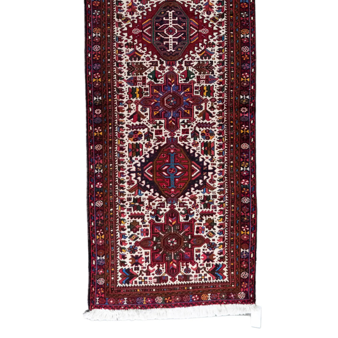 3' 0" x 12' 2" - RED AND BLUE KARAJEH GEOMETRIC PERSIAN RUG ( 91 x 371 CM )