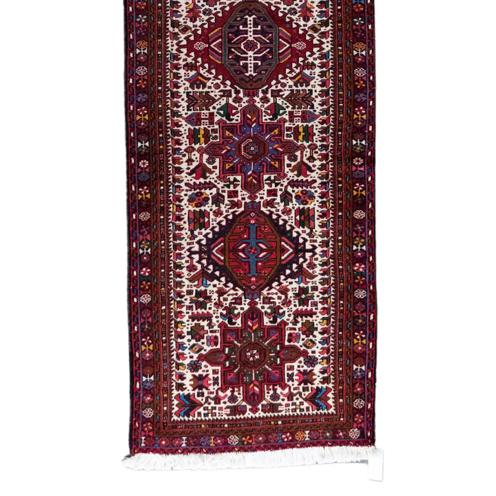 3' 0" x 12' 2" - RED AND BLUE KARAJEH GEOMETRIC PERSIAN RUG ( 91 x 371 CM )