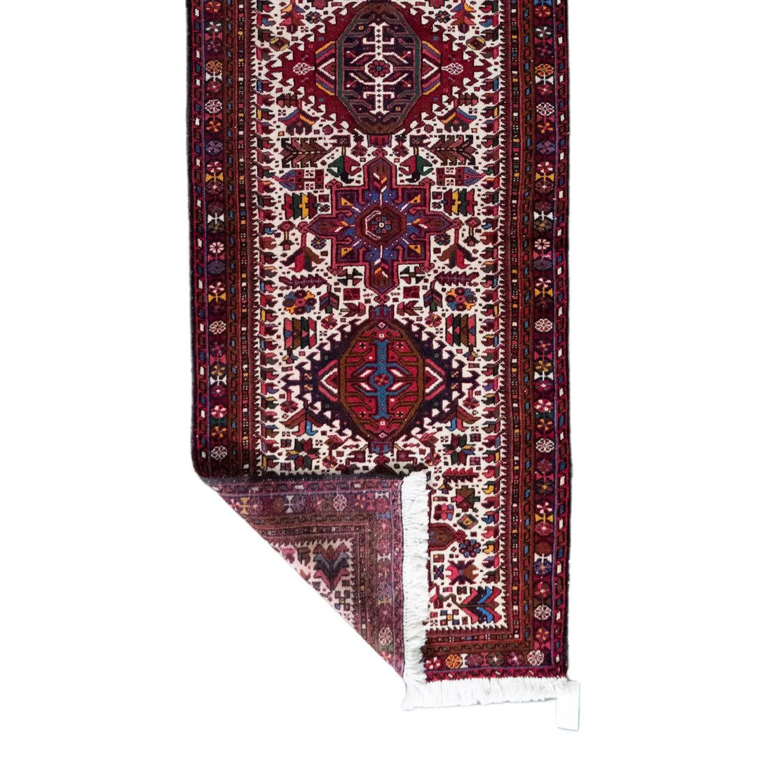 3' 0" x 12' 2" - RED AND BLUE KARAJEH GEOMETRIC PERSIAN RUG ( 91 x 371 CM )