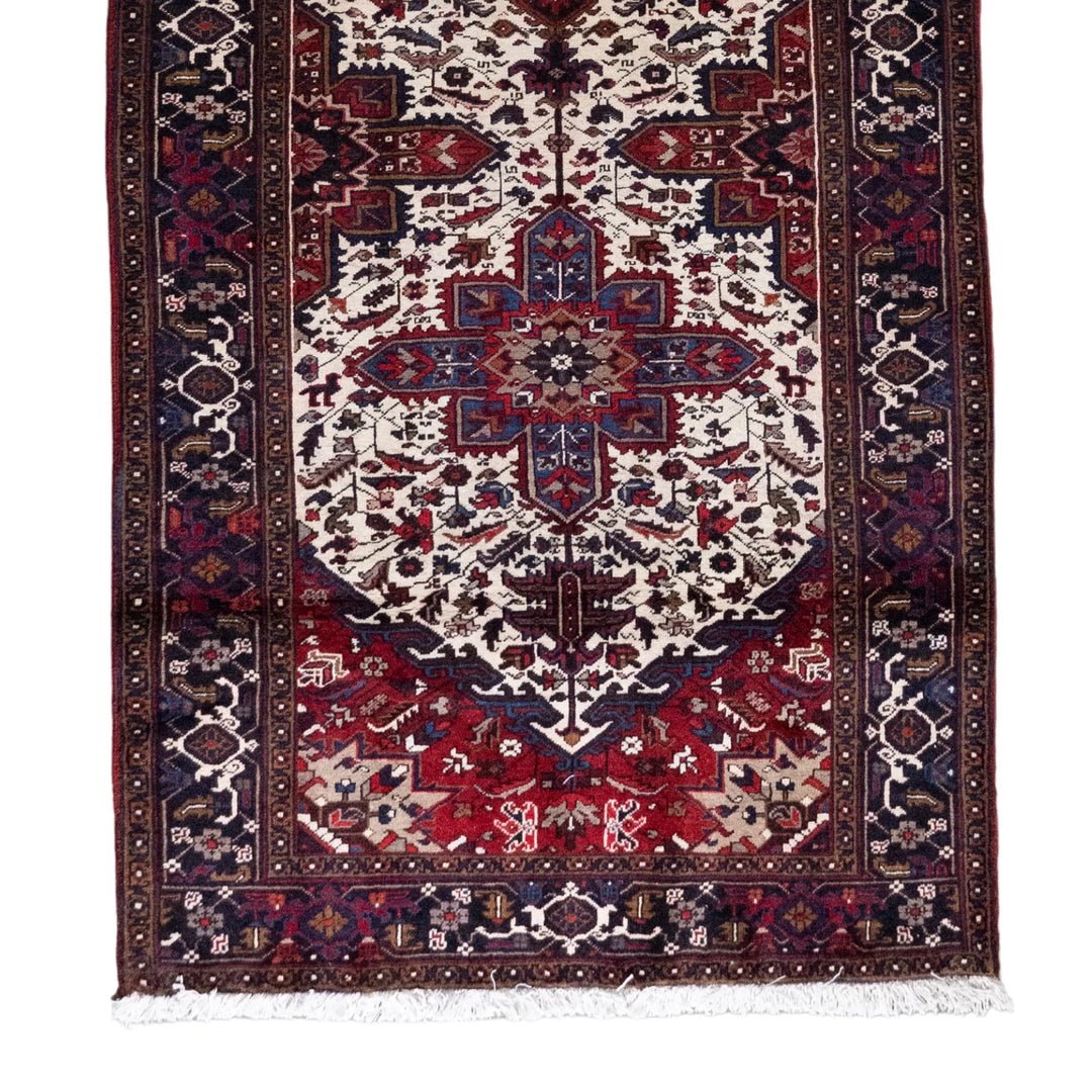4' 11" x 12' 0" - RED AND NAVY HERIZ GEOMETRIC PERSIAN RUG ( 150 x 366 CM )