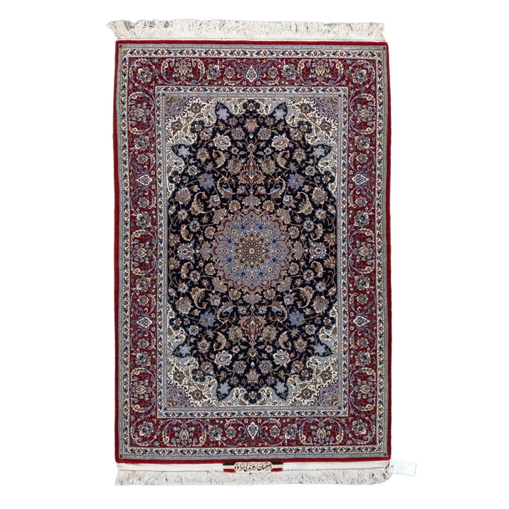 3' 8" x 5' 7" - NAVY AND RED ISFAHAN FLORAL PERSIAN RUG ( 112 x 170 CM )
