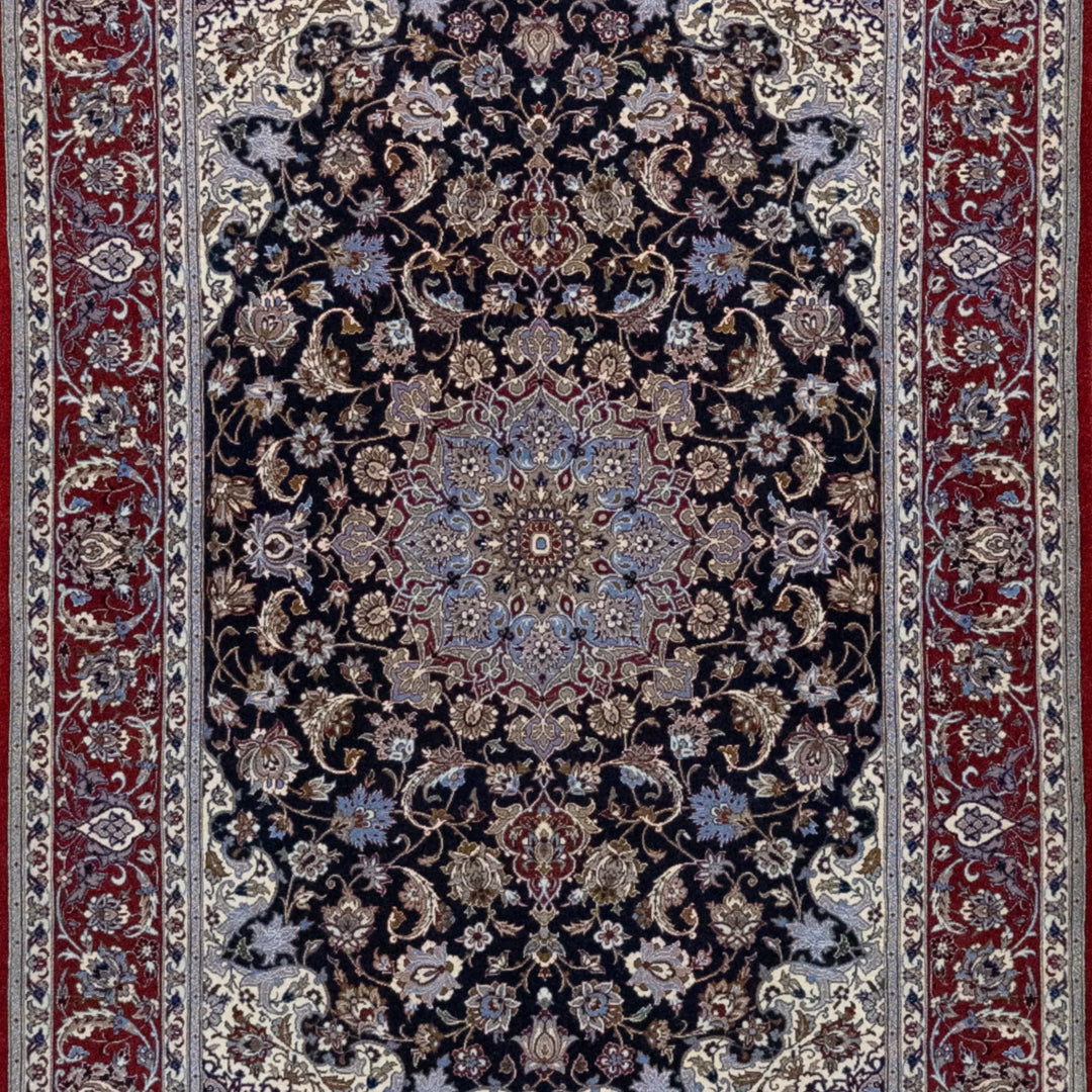 3' 8" x 5' 7" - NAVY AND RED ISFAHAN FLORAL PERSIAN RUG ( 112 x 170 CM )
