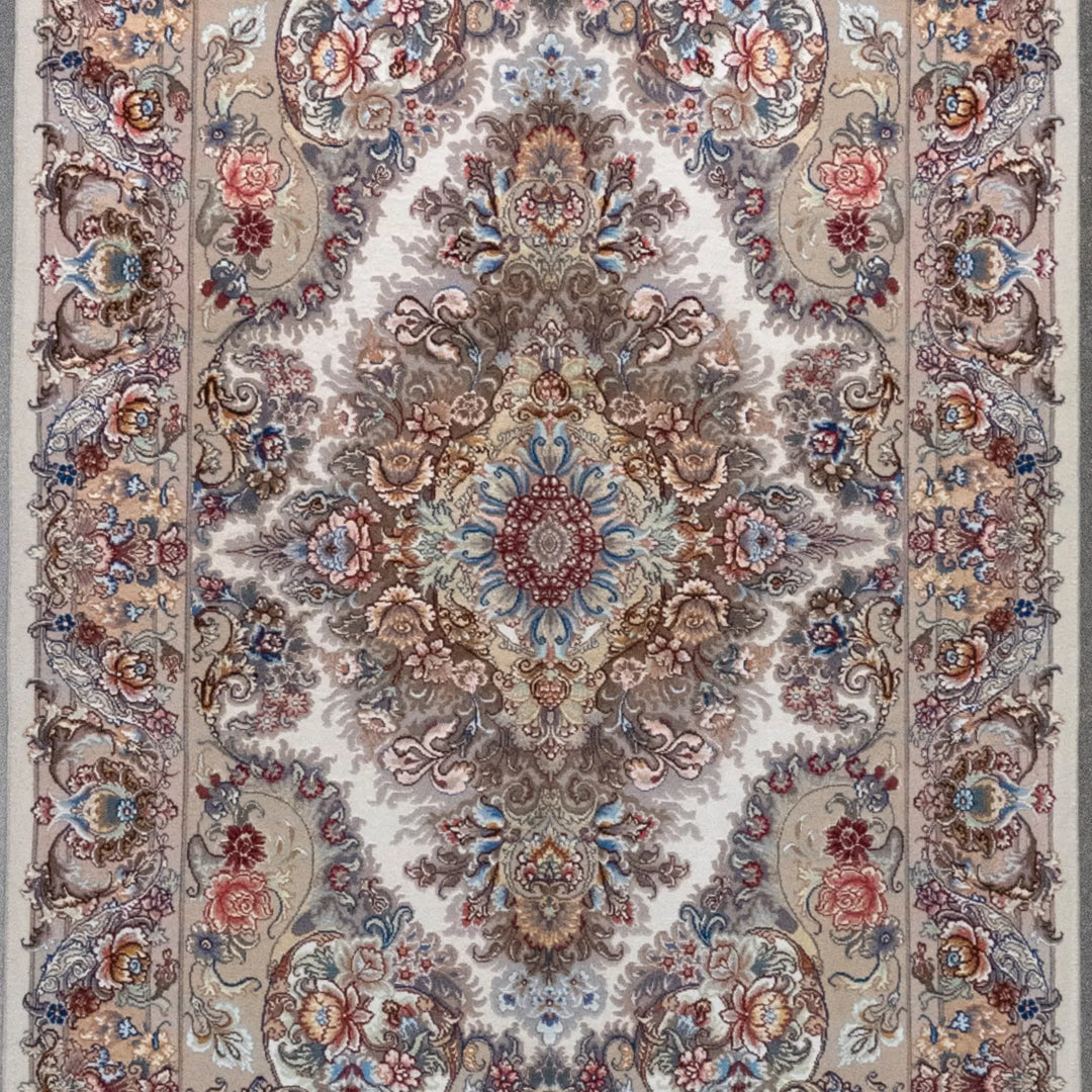 3' 5" x 5' 1" - BEIGE AND MULTICOLOR TABRIZ FLORAL PERSIAN RUG ( 104 x 155 CM )