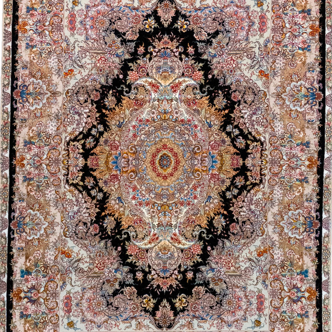 5' 1" x 6' 11" - BLACK AND ROSE TABRIZ FLORAL PERSIAN RUG ( 155 x 211 CM )
