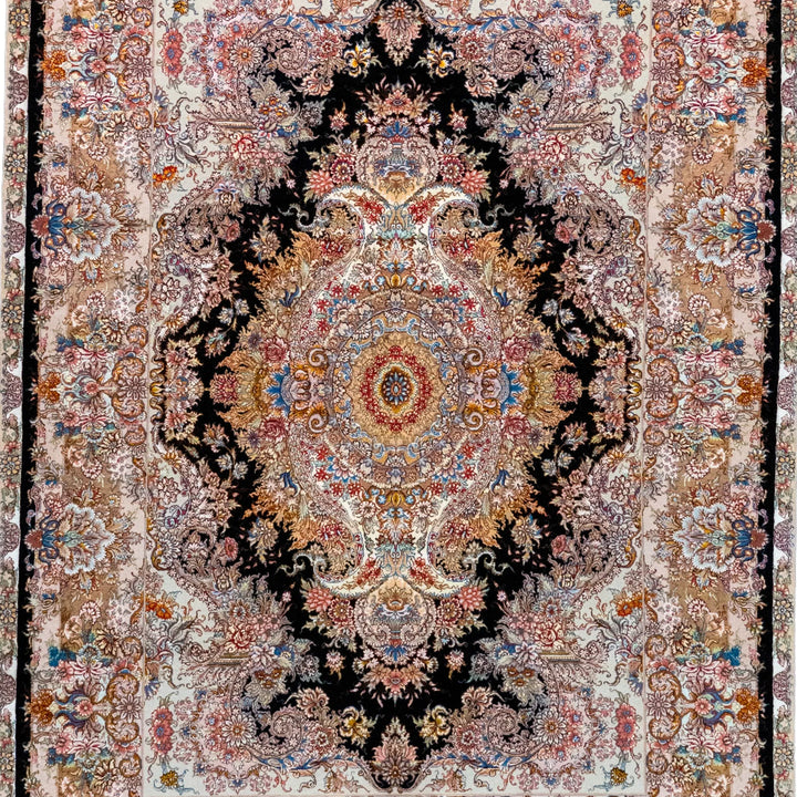 5' 1" x 6' 11" - BLACK AND ROSE TABRIZ FLORAL PERSIAN RUG ( 155 x 211 CM )