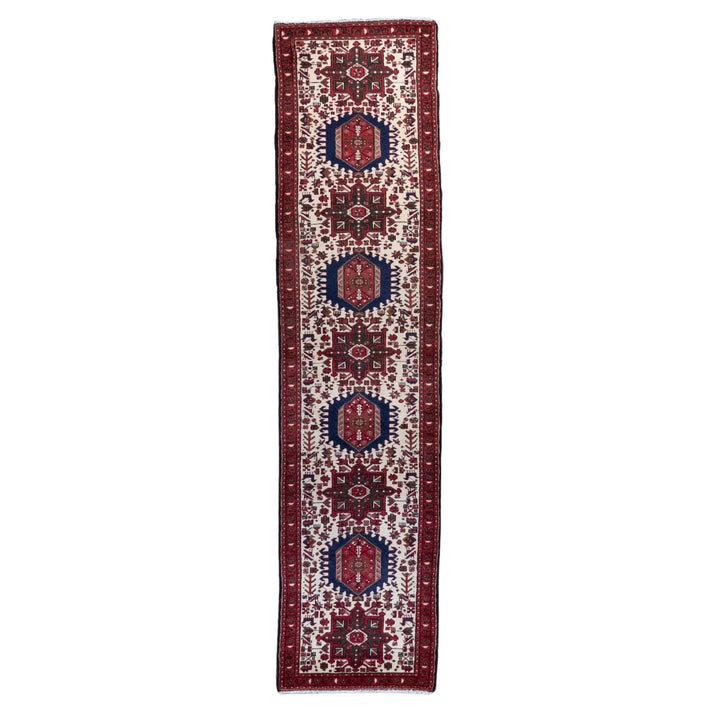 2' 4" x 9' 6" - BEIGE AND RED KARAJEH GEOMETRIC PERSIAN RUG ( 71 x 289 CM )