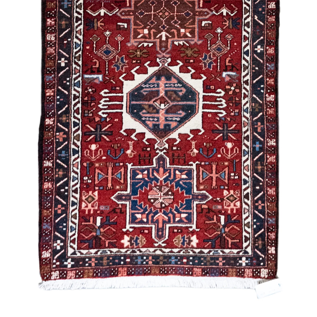 3' 3" x 14' 3" - RED AND NAVY KARAJEH GEOMETRIC PERSIAN RUG ( 99 x 434 CM )