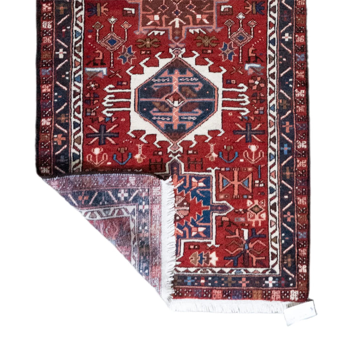 3' 3" x 14' 3" - RED AND NAVY KARAJEH GEOMETRIC PERSIAN RUG ( 99 x 434 CM )