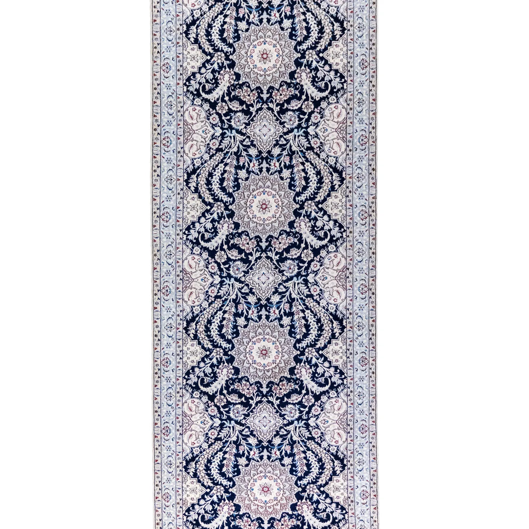 3' 2" x 11' 0" - NAVY AND BEIGE NAEIN FLORAL PERSIAN RUG ( 96 x 335 CM )