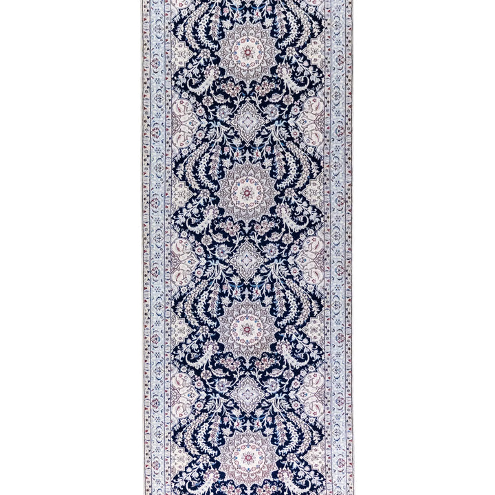3' 2" x 11' 0" - NAVY AND BEIGE NAEIN FLORAL PERSIAN RUG ( 96 x 335 CM )