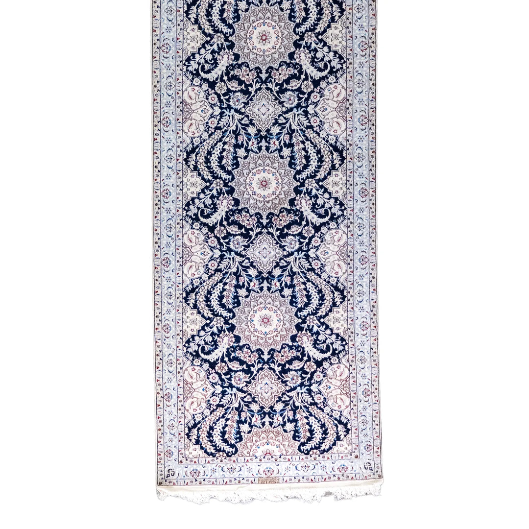 3' 2" x 11' 0" - NAVY AND BEIGE NAEIN FLORAL PERSIAN RUG ( 96 x 335 CM )