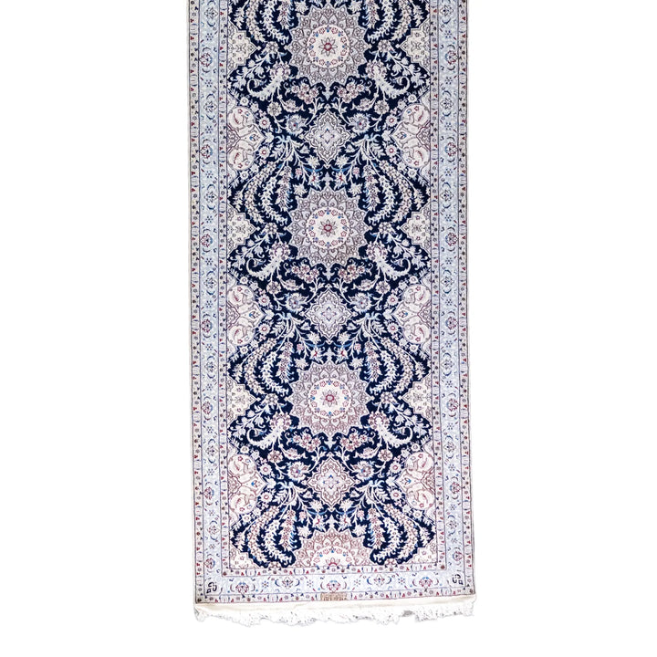 3' 2" x 11' 0" - NAVY AND BEIGE NAEIN FLORAL PERSIAN RUG ( 96 x 335 CM )