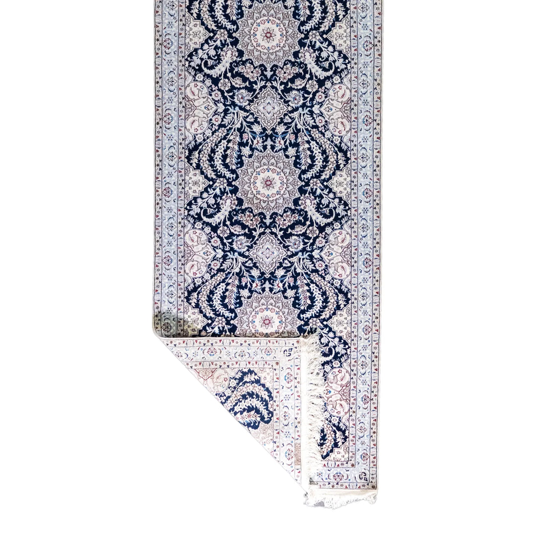 3' 2" x 11' 0" - NAVY AND BEIGE NAEIN FLORAL PERSIAN RUG ( 96 x 335 CM )