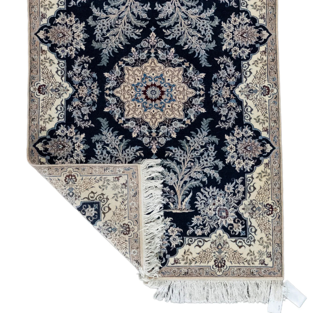 3' 5" x 4' 10" - NAVY AND BEIGE NAEIN FLORAL PERSIAN RUG ( 104 x 147 CM )