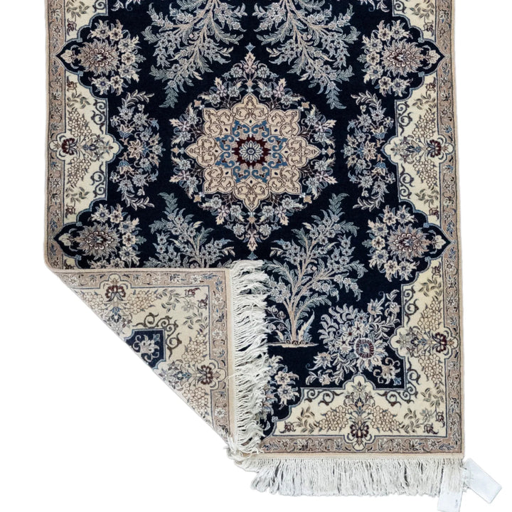 3' 5" x 4' 10" - NAVY AND BEIGE NAEIN FLORAL PERSIAN RUG ( 104 x 147 CM )