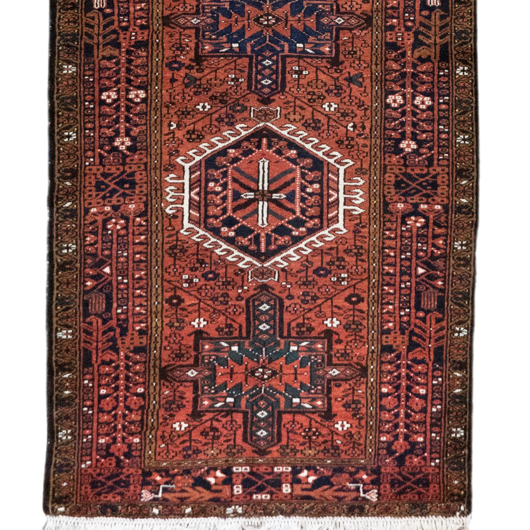 3' 7" x 14' 6" - RED AND BLUE KARAJEH GEOMETRIC PERSIAN RUG ( 109 x 442 CM )
