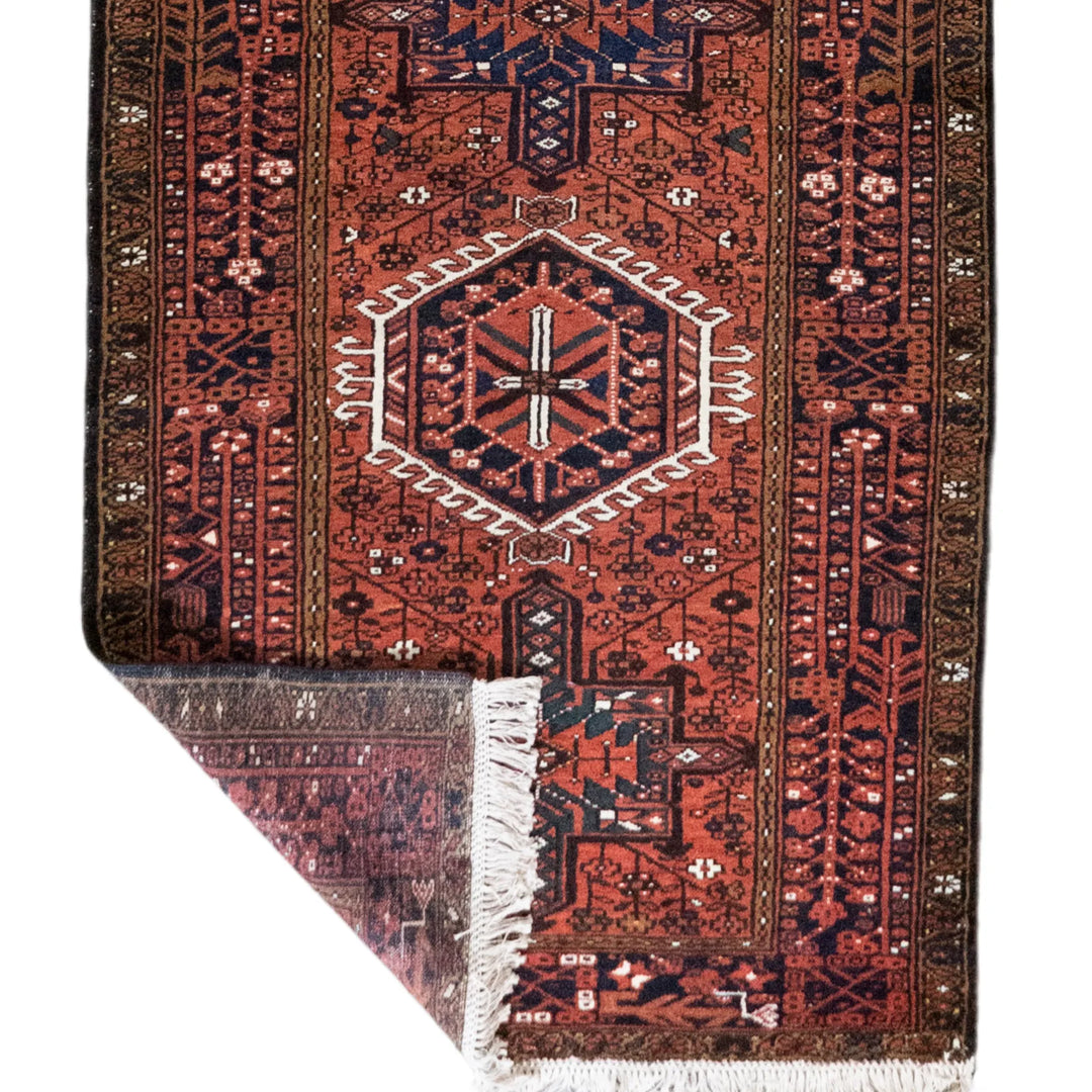 3' 7" x 14' 6" - RED AND BLUE KARAJEH GEOMETRIC PERSIAN RUG ( 109 x 442 CM )