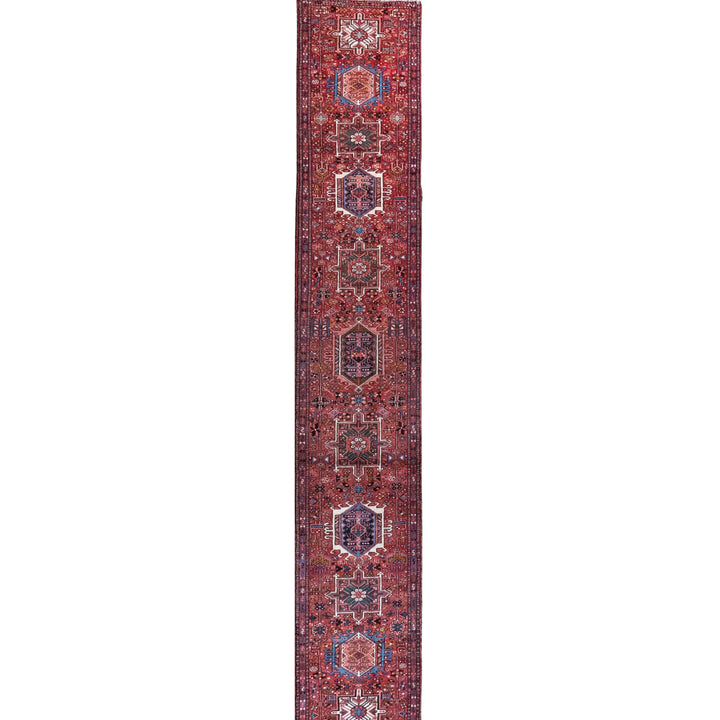 2' 7" x 15' 2" - RED AND NAVY KARAJEH GEOMETRIC PERSIAN RUG ( 79 x 462 CM )